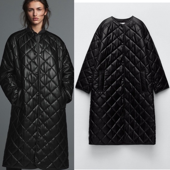ZARA Quilted Faux Leather Longline Jacket Size XS - Picture 15 of 15